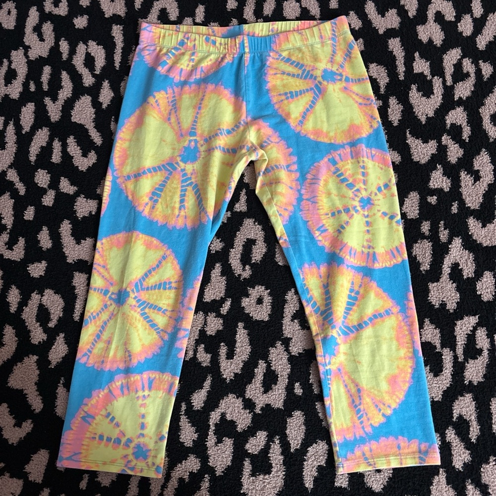 Blue Tie-Dye Leggings with Yellow & Pink Accents